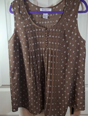 Roaman's Brown Sleeveless Pintuck Tank with White Dot Print